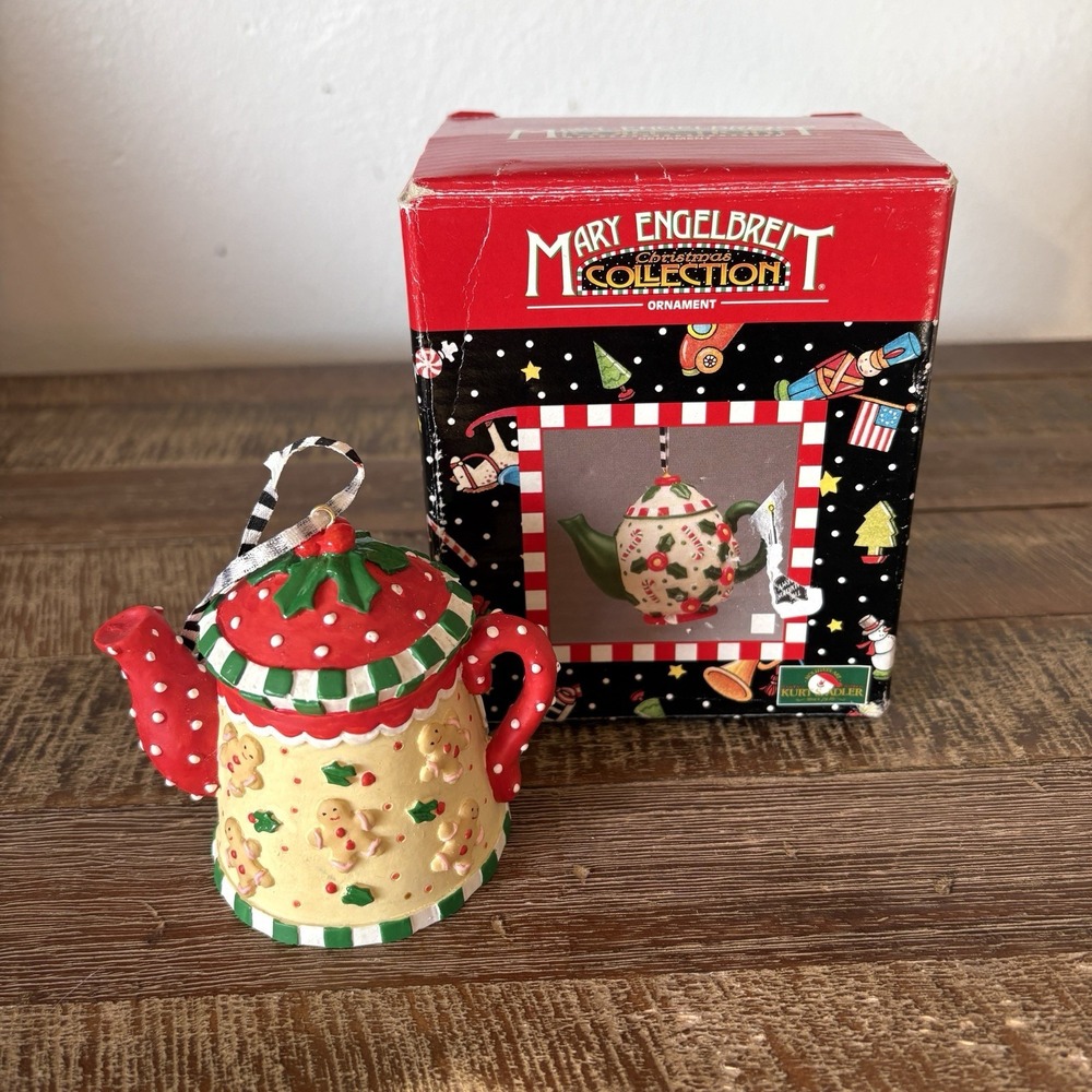 VTG 90s Kurt Adler Mary Engelbreit Teapot Christmas Ornament Cottage Gingerbread